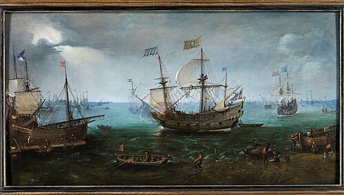 A Three-master firing a salute before a harbour (Dordrecht?), 1612, Cornelis Claesz van Wieringen