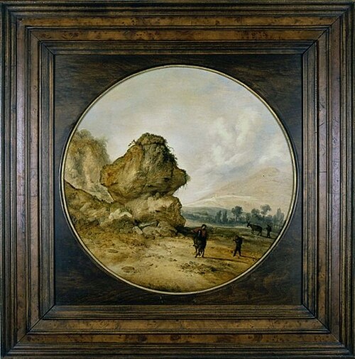 Rotspartij met rechts meer in 't verschiet hooggebergte, 1654, Jacobus Mancadan