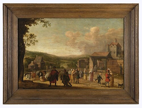Heuvelachtig landschap met boerderijtje en poort, 1674, Jacobus Mancadan