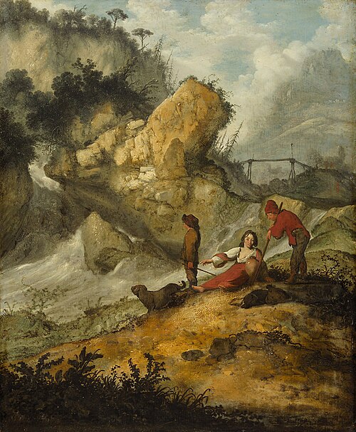 Rocky landscape with waterfall and shepherds, , Jacobus Mancadan