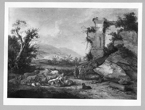 Landscape with ruins, cattle and figures, 1649, Jacobus Mancadan