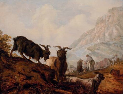Peasants and goats in a mountainous landscape, 1627, Jacobus Mancadan