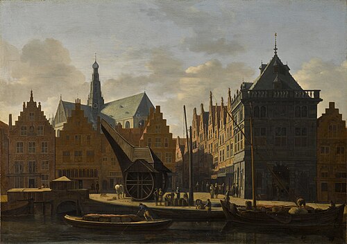Haarlem, a view from the Spaarne river looking towards the cathedral of St Bavo, with the Damstraat , 1696, Gerrit Berckheyde