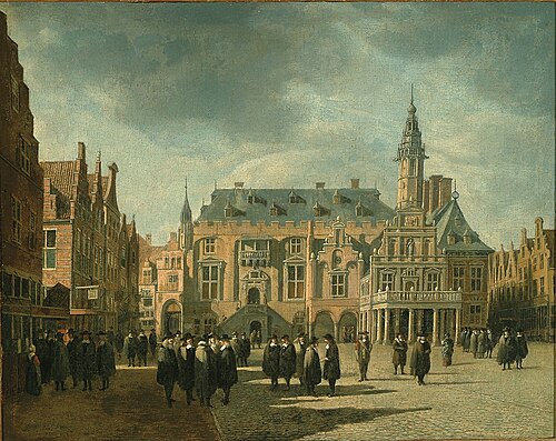 Haarlem City Hall with figures on the Grote Markt, 1671, Gerrit Berckheyde