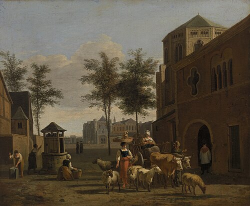 View of a Town with Figures, Goats, and Wagon before a Church, , Gerrit Berckheyde