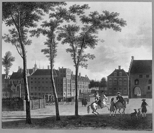 View of the Plaats with the Buitenhof and the Gevangenpoort, The Hague, 1687, Gerrit Berckheyde