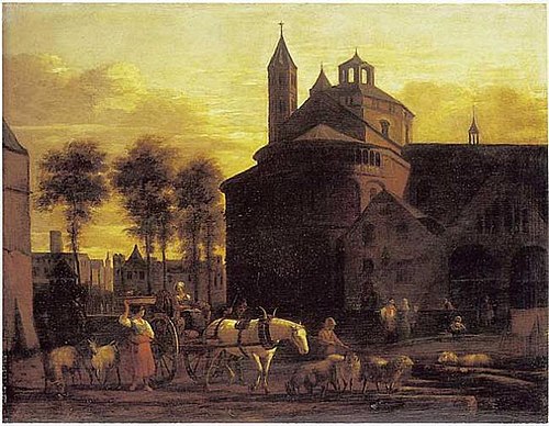 View of  a Horse and Cart before the Church of the Holy Apostles, Cologne, 1672, Gerrit Berckheyde