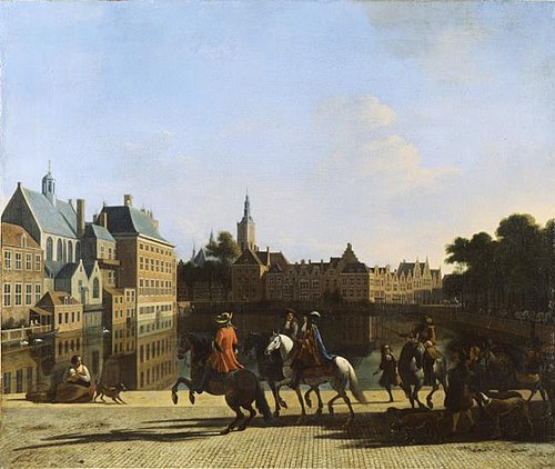 The Hofvijver in The Hague, as seen from the Korte Vijverberg, 1695, Gerrit Berckheyde