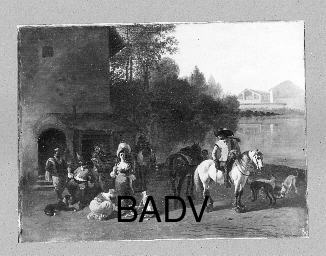 Horsemen and travellers at an inn, 1700, Job Berckheyde