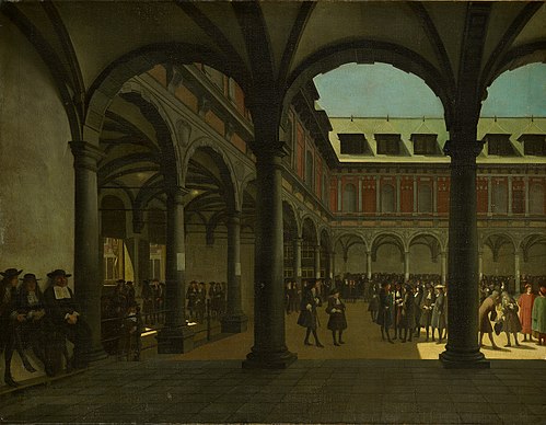 De binnenplaats van de Beurs van Hendrick de Keyser, 1680, Job Berckheyde