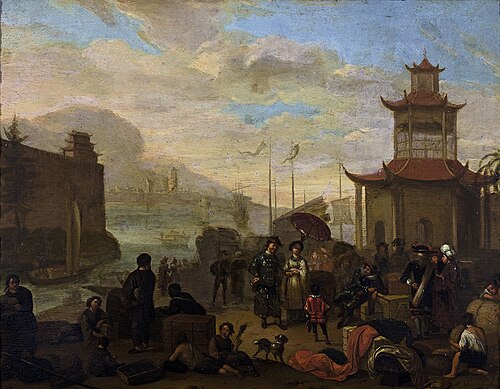 Hollandse kooplieden, handeldrijvend in een  Chinese haven, 1683, Richard Brakenburgh