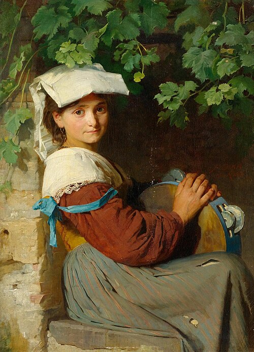 An Italian woman with a tambourine at a window, 1878, Franz Xaver Simm