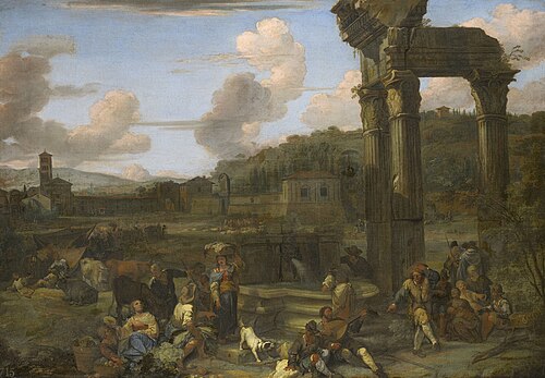 Figures in a Classical Landscape with Ruins, 1670, Dirk Helmbreker