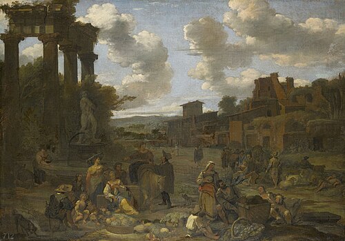 Figures in a Classical Landscape with Ruins, 1670, Dirk Helmbreker