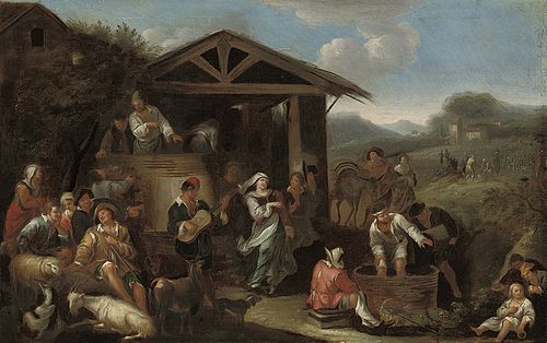 Italianate landscape with peasants, 1650, Dirk Helmbreker