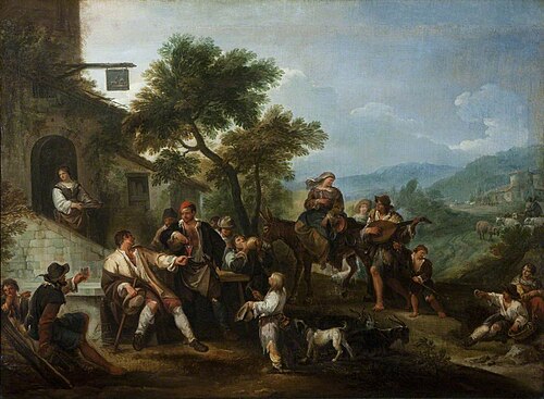 Peasants merry-making before an Inn, 1685, Dirk Helmbreker