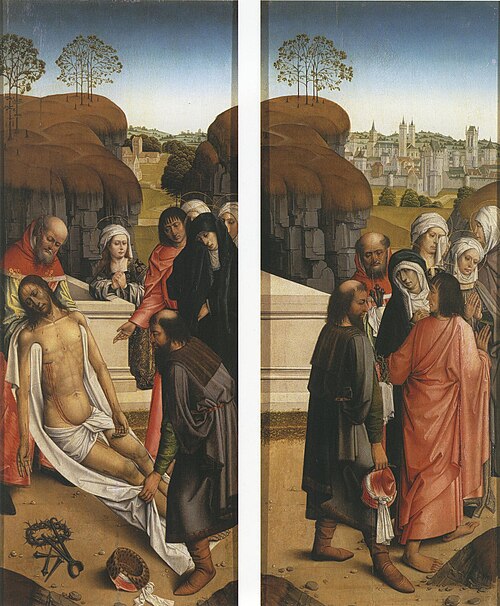 De graflegging (links), Maria, Johannes de Evangelist, Jozef van Arimatea, Nicodemus en de drie Mari, 1493, Maître de l'Abbaye d'Affligem