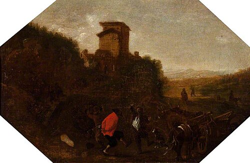 Landscape with Peasants Dancing, near a Tower in the Campagna, 1630, Pieter van Laer
