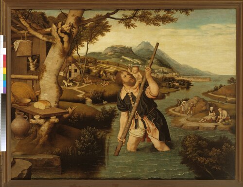 Heuvelachtig rivierlandschap met Christoffel, 1549, Jan Mostaert