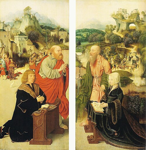 Volets de retable. Volet gauche : Albrecht Adriaensz. van Adrichem (?) présenté par saint Pierre. Vo, 1512, Jan Mostaert