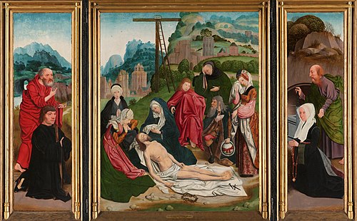 Triptych with the Lamentation (centre panel), the donor with St Peter (inner left wing), the donor’s, 1517, Jan Mostaert