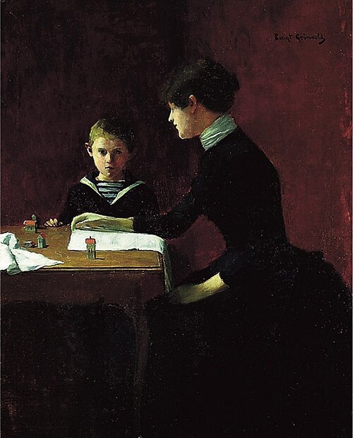 Kvinne og gutt i interiør, 1891, Bernt Borchgrewink Grönvold