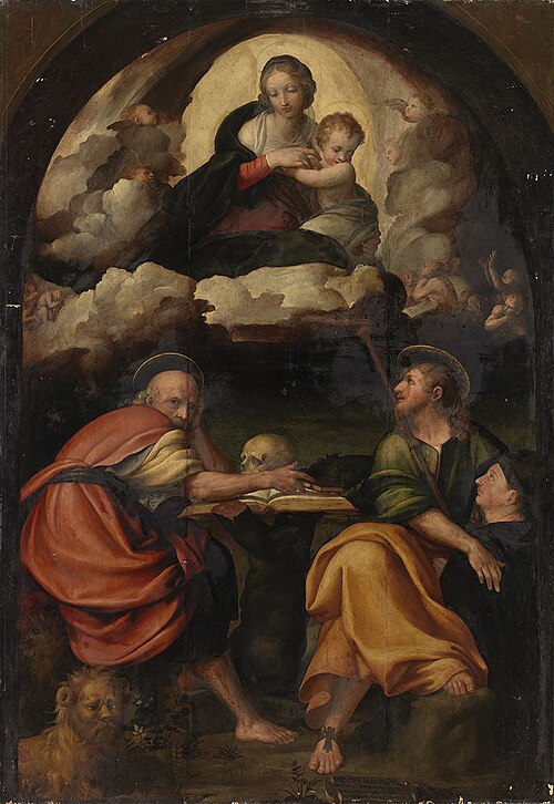Maria mit Kind in der Glorie, den hll. Hieronymus und Jakobus mit Stifter (?), 1523, Michelangelo Anselmi