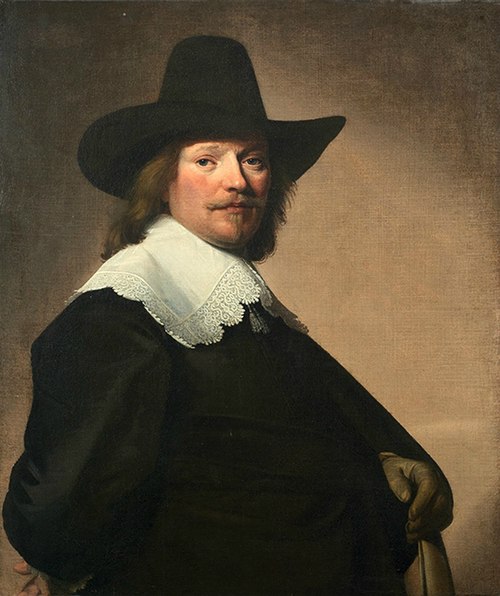 Portrait of a gentleman, three-quarter-length, in black costume with a white lace collar and a black, 1645, Johannes Cornelisz Verspronck