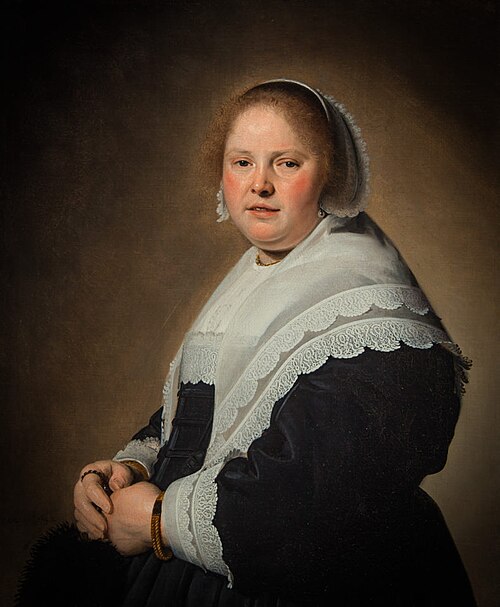 Portrait of an elegant woman in a black dress with a white lace collar, 1642, Jan Cornelisz. Verspronck
