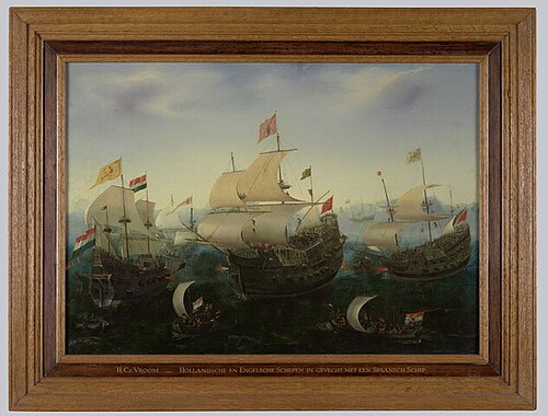 Hollandse en Engelse schepen in gevecht met een Spaans schip, 1600, Hendrick Cornelisz Vroom