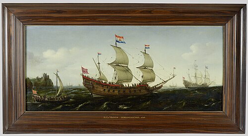 Nederlands pinasschip onder zeil nabij een rotsachtige kust, 1628, Hendrick Cornelisz Vroom
