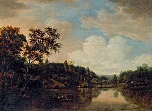 Ferry Boat on a River, Trees on a Hill to the Left, , Hendrick Cornelisz Vroom