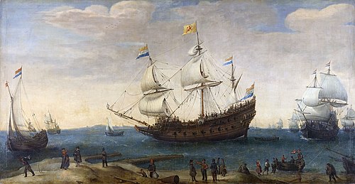 East Indiamen off a coast, 1635, Hendrick Cornelisz Vroom