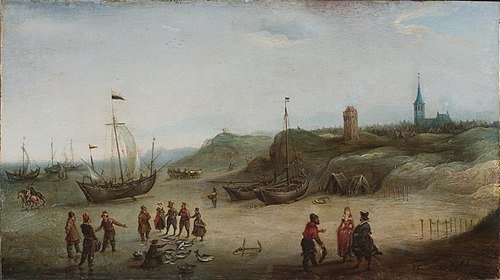 View of the beach near Zandvoort with the lighthouse and the church, 1615, Hendrick Cornelisz Vroom