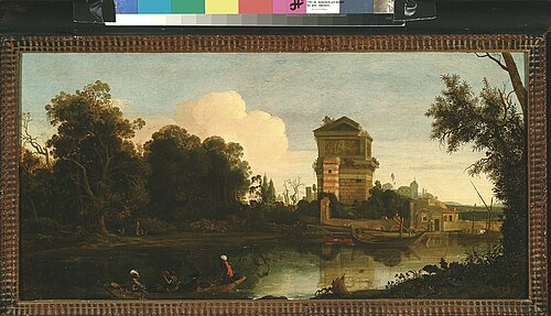 River landscape with tomb, , Cornelis Vroom