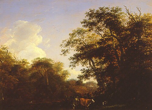 Forest view with cattle by a mud-flat, 1650, Cornelis Vroom