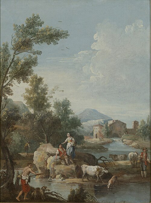 Italian landscape with river, figures and cattle, 1749, Giuseppe Zais