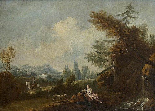 Hilly Landscape with two Country Women and a Dog by a Small Waterfall and a Rider on a Road, 1755, Giuseppe Zais
