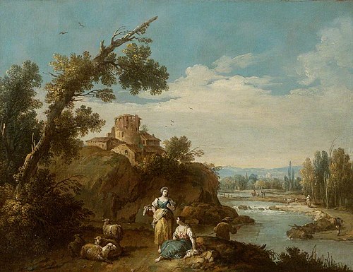 River Landscape with two Country Women and Four Sheep on a Winding Road, a Fisherman and Farm buildi, 1755, Giuseppe Zais