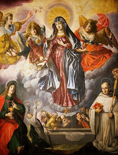 Assomption de Marie avec saint Jean l'Évangéliste, saint Bernard de Clairvaux et les apôtres à la to, 1647, Bartholomeus Strobel