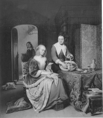 Een dame ontvangt een geschenk van vruchten, 1841, Willem Pieter Hoevenaar