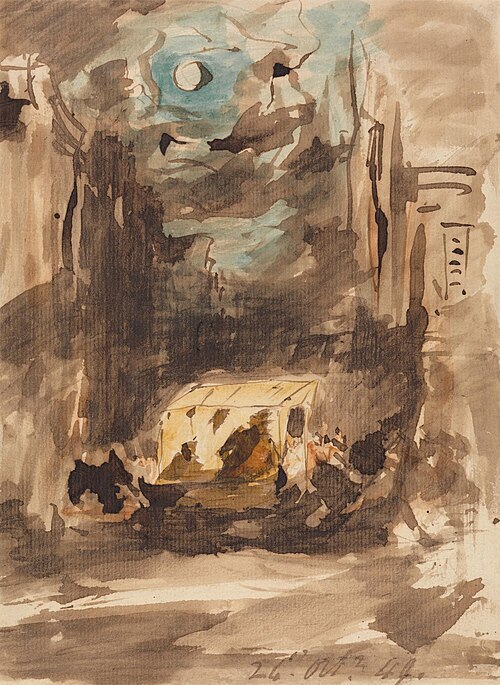 A Street at Night with Figures at a Stall, 1849, James Holland