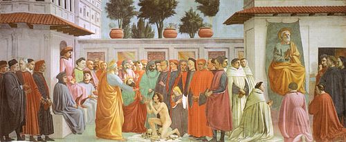 Raising of the Son of Teophilus and St. Peter Enthroned, 1427, Masaccio