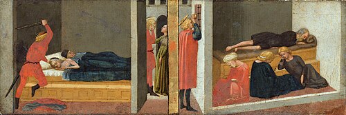 Altar predella; Right panel: The parricide of St. Julian - The miracle of St. Nicholas of Bari, 1426, Masaccio