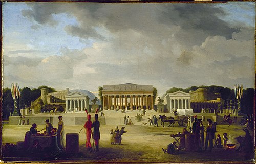 Vue du grand théâtre élevé sur la place de la Concorde pour la fête de la Paix, le 18 brumaire, an X, 1801, Jean-Baptiste-Louis Cazin