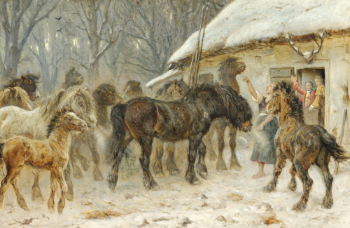 A wild bunch. A winter day with snow at Ledhuset in Fændrikvangen, near Hillerød., 1906, Valdemar Henrik Nicolai Irminger
