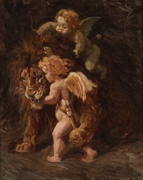 Cupids pestering an old lion, , Valdemar Henrik Nicolai Irminger