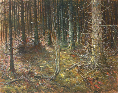 Forest with firs and mushrooms., 1928, Valdemar Henrik Nicolai Irminger