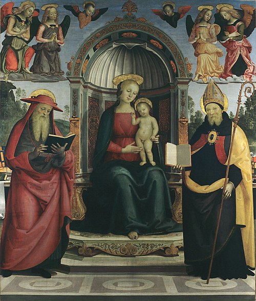 Vierge à l'Enfant sur le trône entre saint Jérôme, saint Augustin, quatre anges et deux chérubins, 1500, Le Pérugin