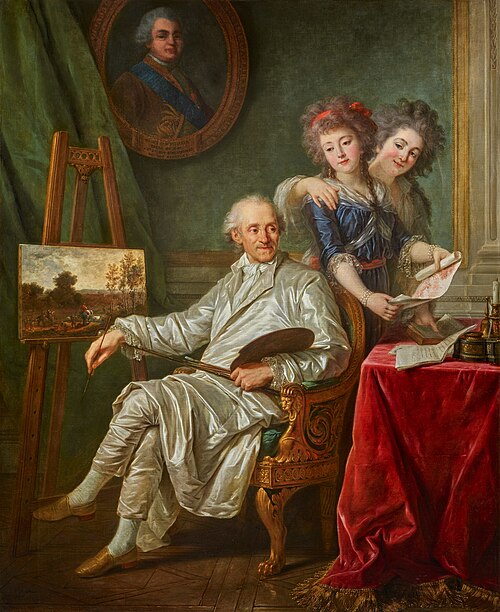 portrait de Jules-David Cromot, baron du Bourg (1725-1786), surintendant, assis à son chevalet, acco, 1787, Antoine-François Callet
